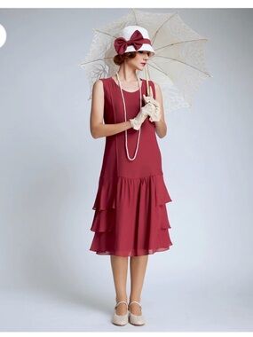 La Vie Delight Great Gatsby Dress Sleeveless Tiered Midi Dress in Wine Red M